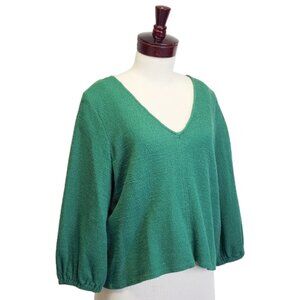 Madewell Bright Spruce Green Balloon Sleeve Slub Knit V-Neck Top Women XL Cotton